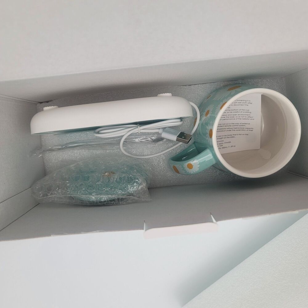 Sarina Daisy Mug Warmer Set Teal Blue Ceramic Cup Lid Spoon USB Hot Plate NIB - Picture 6 of 6